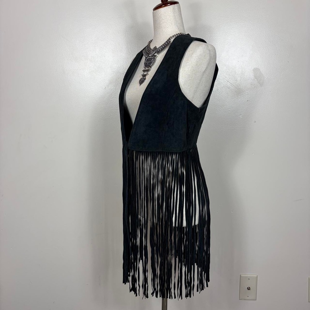 Vintage Y2k Fringe Leather Suede Vest Medium Festival Boho Hippie Western Black - Picture 4 of 7